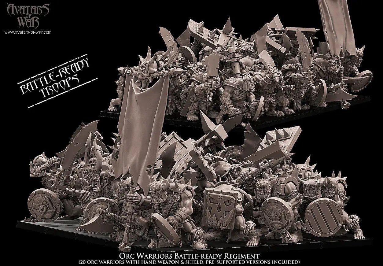 20 3D printed Orc Warrior battle-ready miniatures from Avatars of War, featuring detailed orc figures in combat stance.