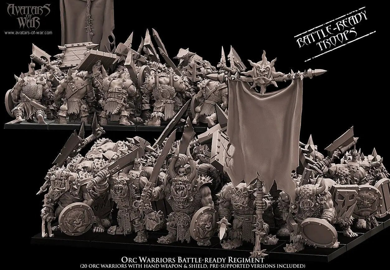 20 3D printed Orc Warrior battle-ready miniatures from Avatars of War, shown assembled in a fierce combat stance.