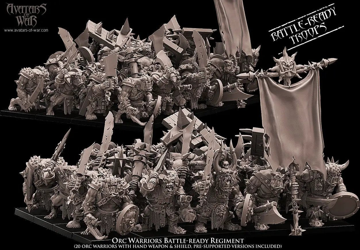 20 3D printed Orc Warrior battle-ready miniatures from Avatars of War, assembled and painted in detailed orc armor and weapons.