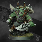 3D printed Ork Boss Smirknife miniature by DakkaDakka Miniatures, displayed in detailed green plastic with intricate weapon design.