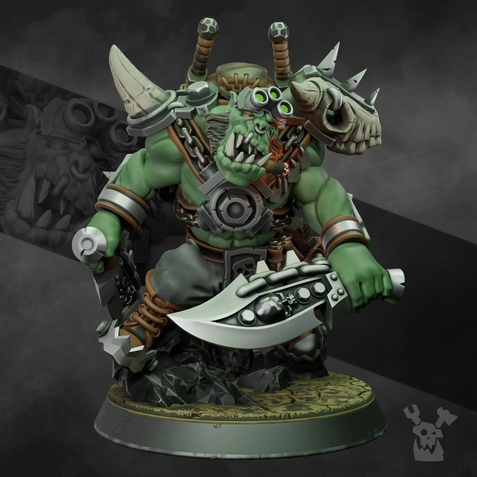 3D printed Ork Boss Smirknife miniature by DakkaDakka Miniatures, displayed in detailed green plastic with intricate weapon design.