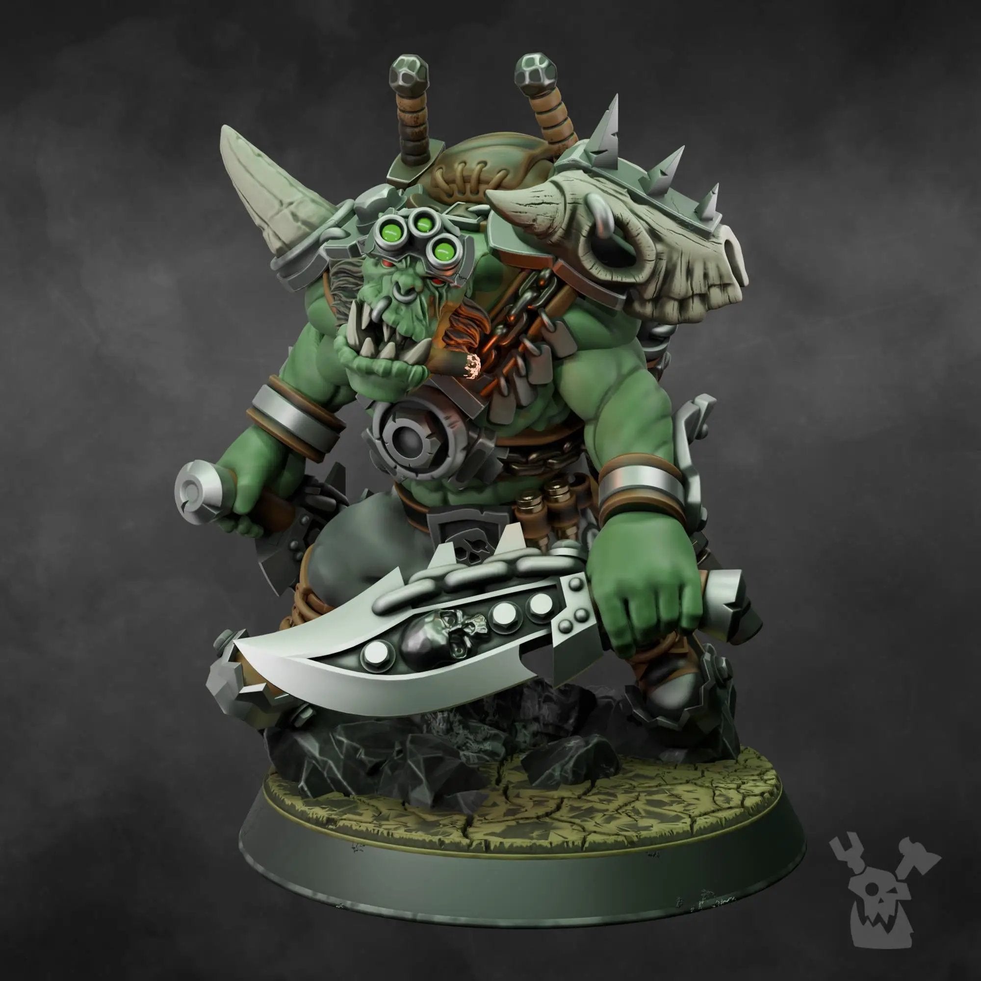 3D printed Ork Boss Smirknife miniature by DakkaDakka Miniatures, detailed green Ork figure with weapon and armor, from Last Hope Miniatures