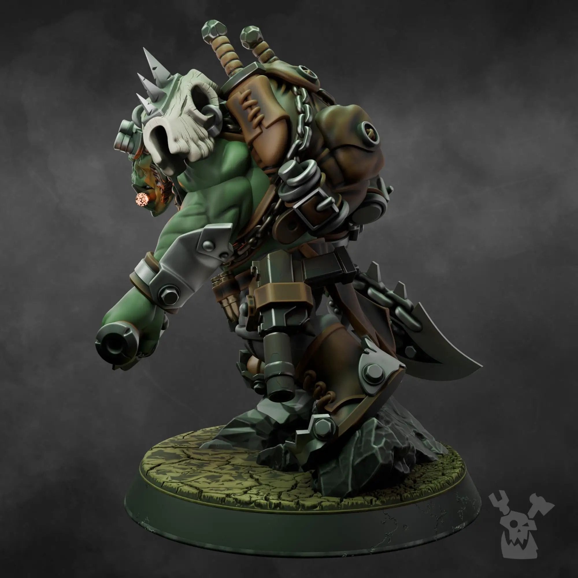 3D printed Ork Boss Smirknife miniature by Last Hope Miniatures, detailed green Ork figure with weapon and armor, from DakkaDakka Miniatures.