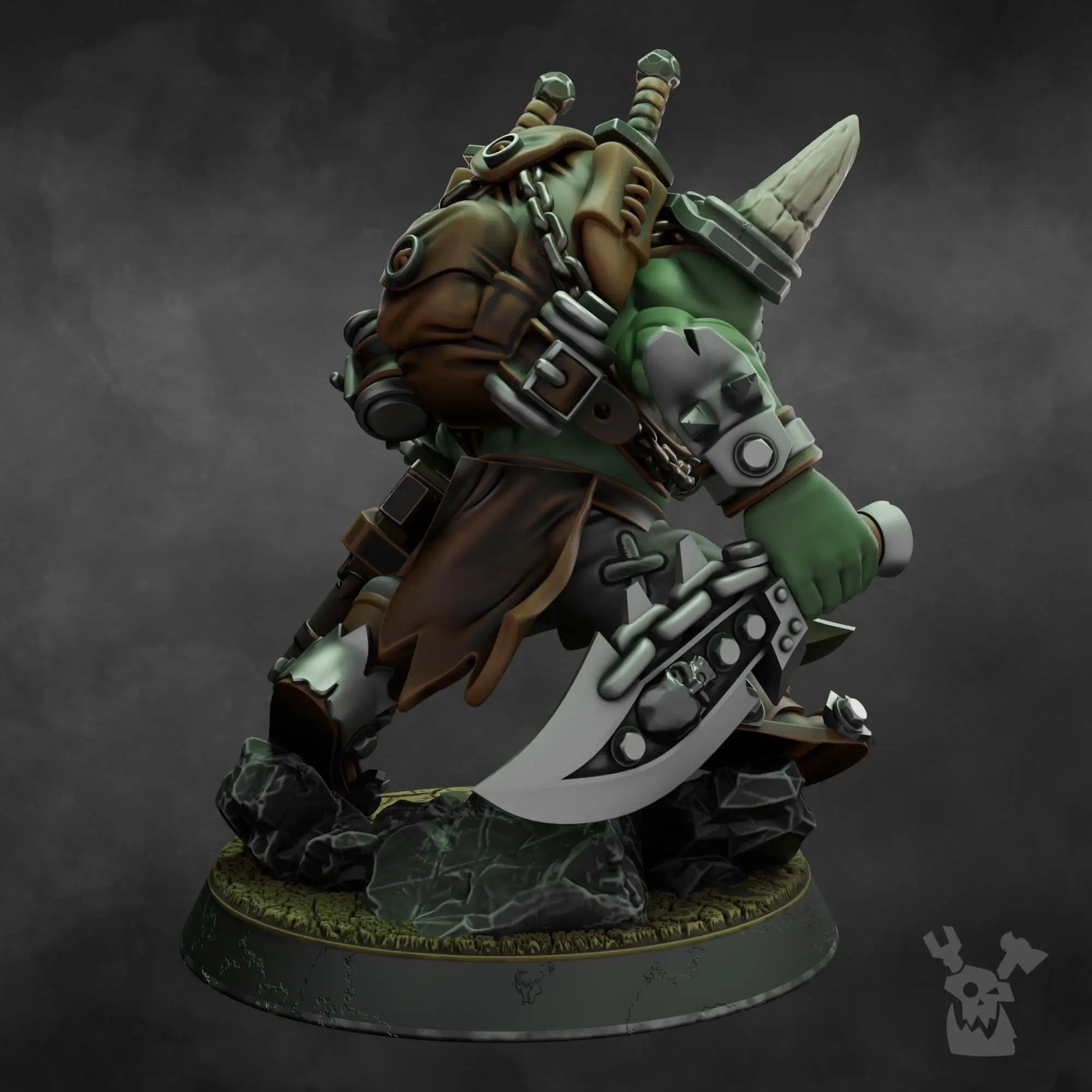 3D printed Ork Boss Smirknife miniature by DakkaDakka Miniatures, detailed green orc figure with armor and weapon, from Last Hope Miniatures.