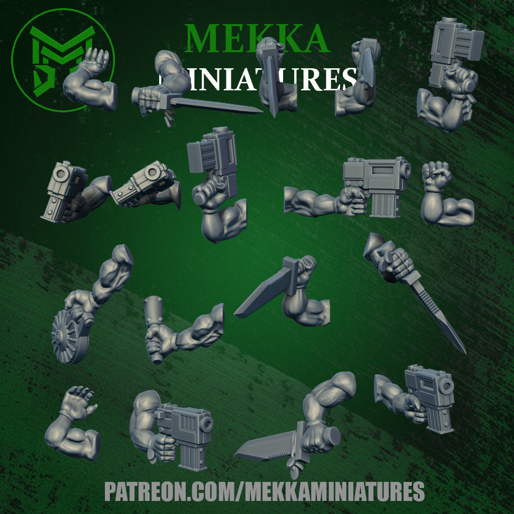 3D printed Ork Commando arms set with 18 pieces by Last Hope Miniatures for Mekka Miniatures tabletop gaming models.