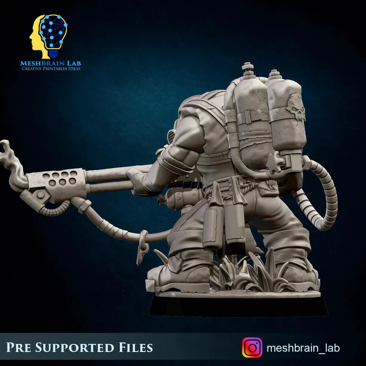 3D printed Ork Commando with flamethrower miniature by Last Hope Miniatures, detailed green ork figure with weapon, on a gaming base.