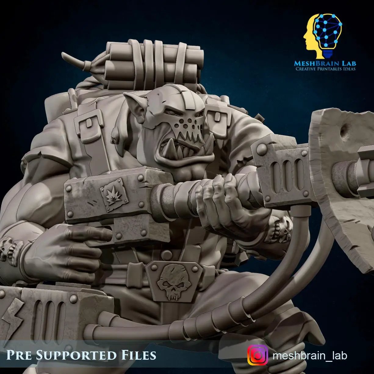3D printed Ork Commando miniature with rocket launcher by Meshbrain Labs for Last Hope Miniatures, detailed green Ork figure.