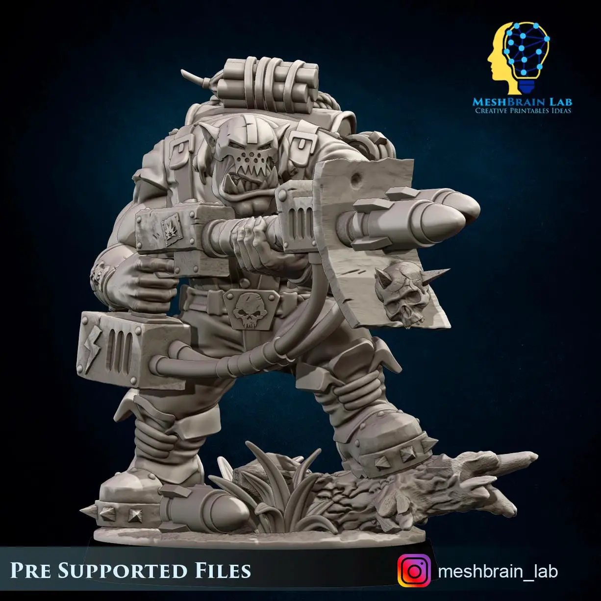 3D printed Ork Commando miniature with rocket launcher from Last Hope Miniatures by Meshbrain Labs, detailed green orc figure.