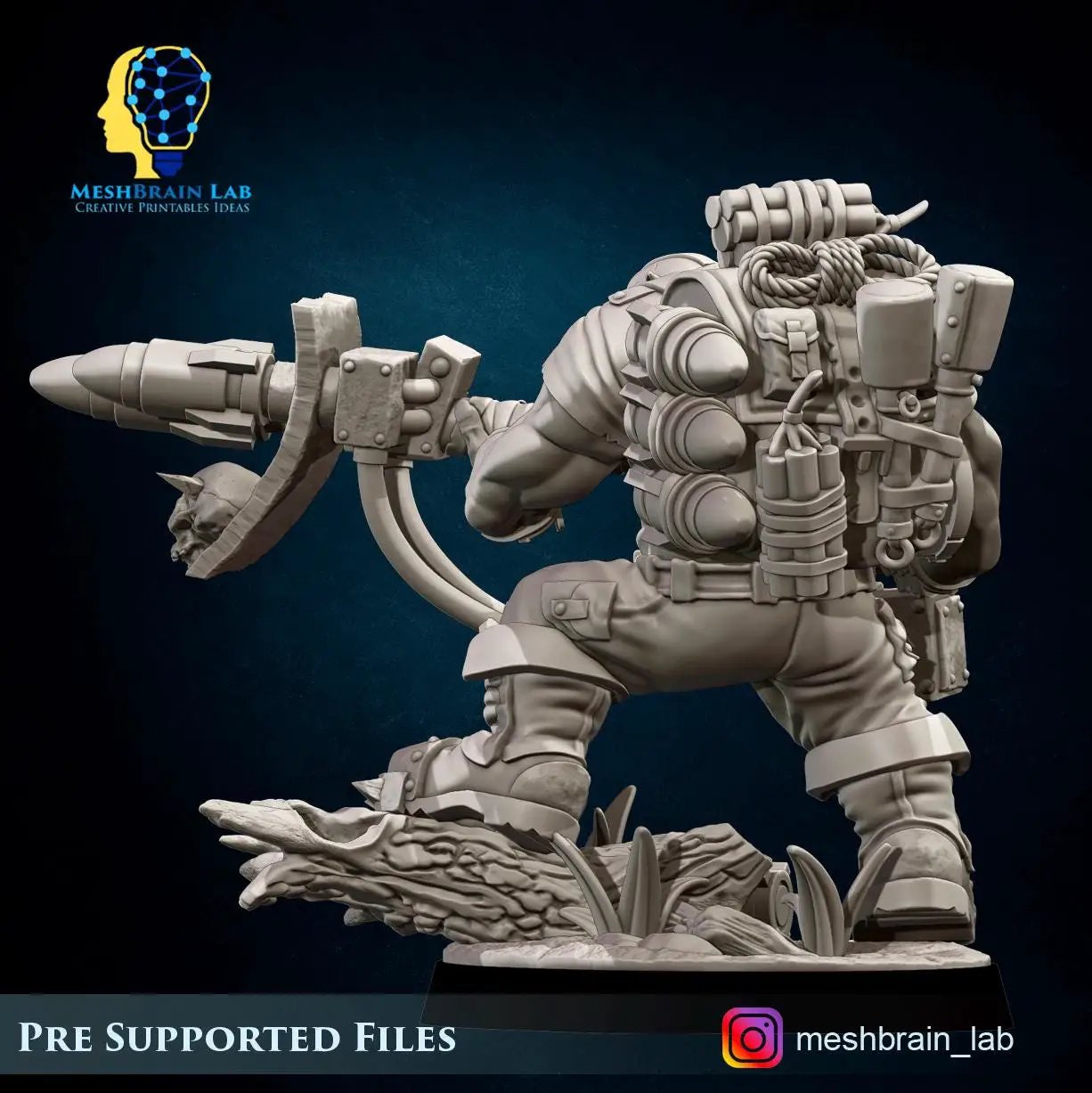 3D printed Ork Commando miniature by Meshbrain Labs with rocket launcher, detailed green orc figure for tabletop gaming.