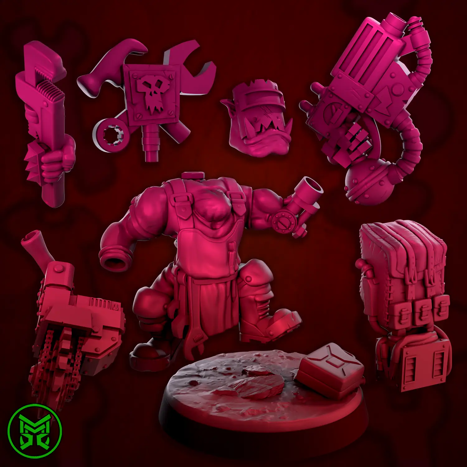 3D printed Ork Mekaniks miniature by Mekka Miniatures, showcasing detailed green Ork character with mechanical parts.