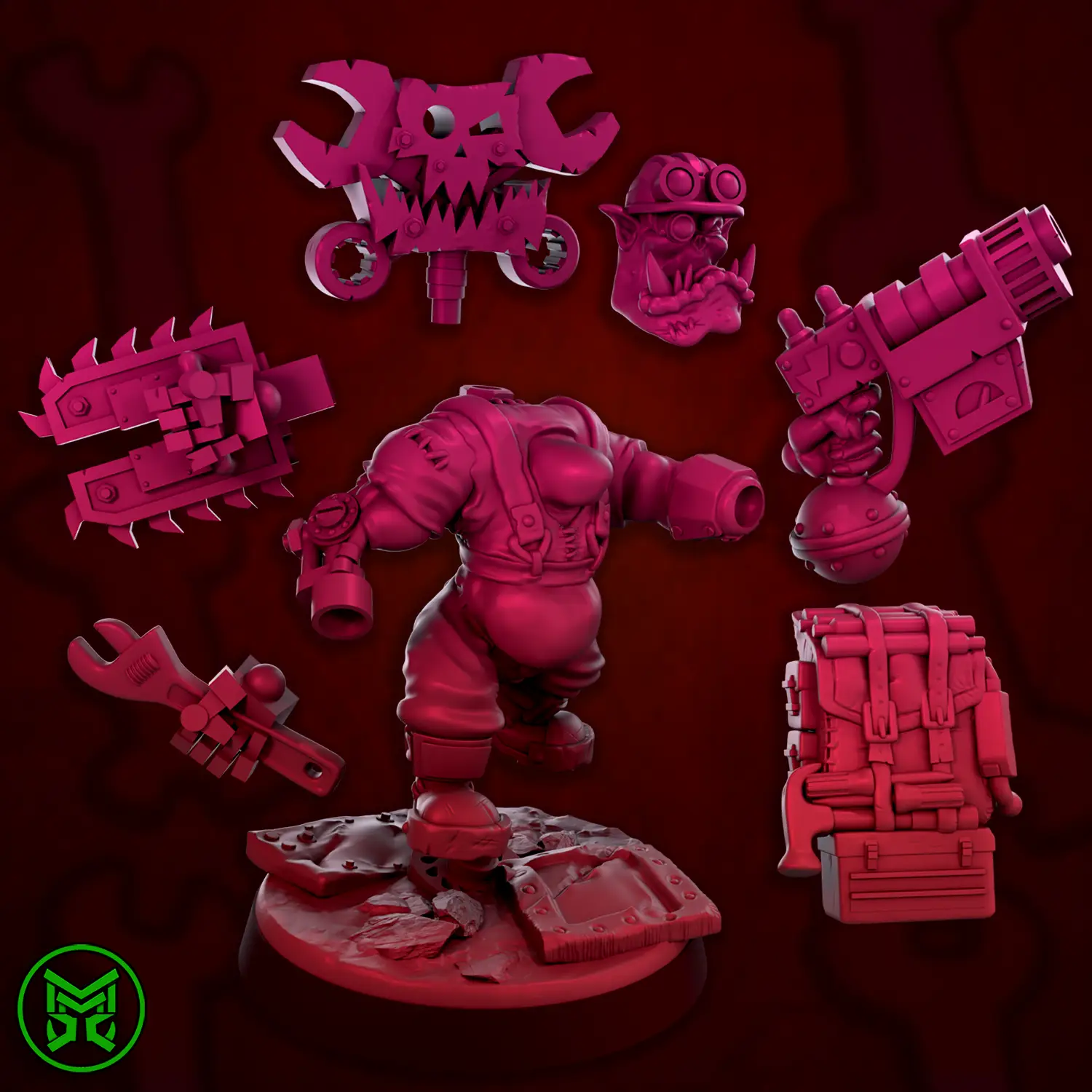 3D printed Ork Mekaniks figure by Mekka Miniatures, from Last Hope Miniatures, showcasing detailed green Ork mechanics.