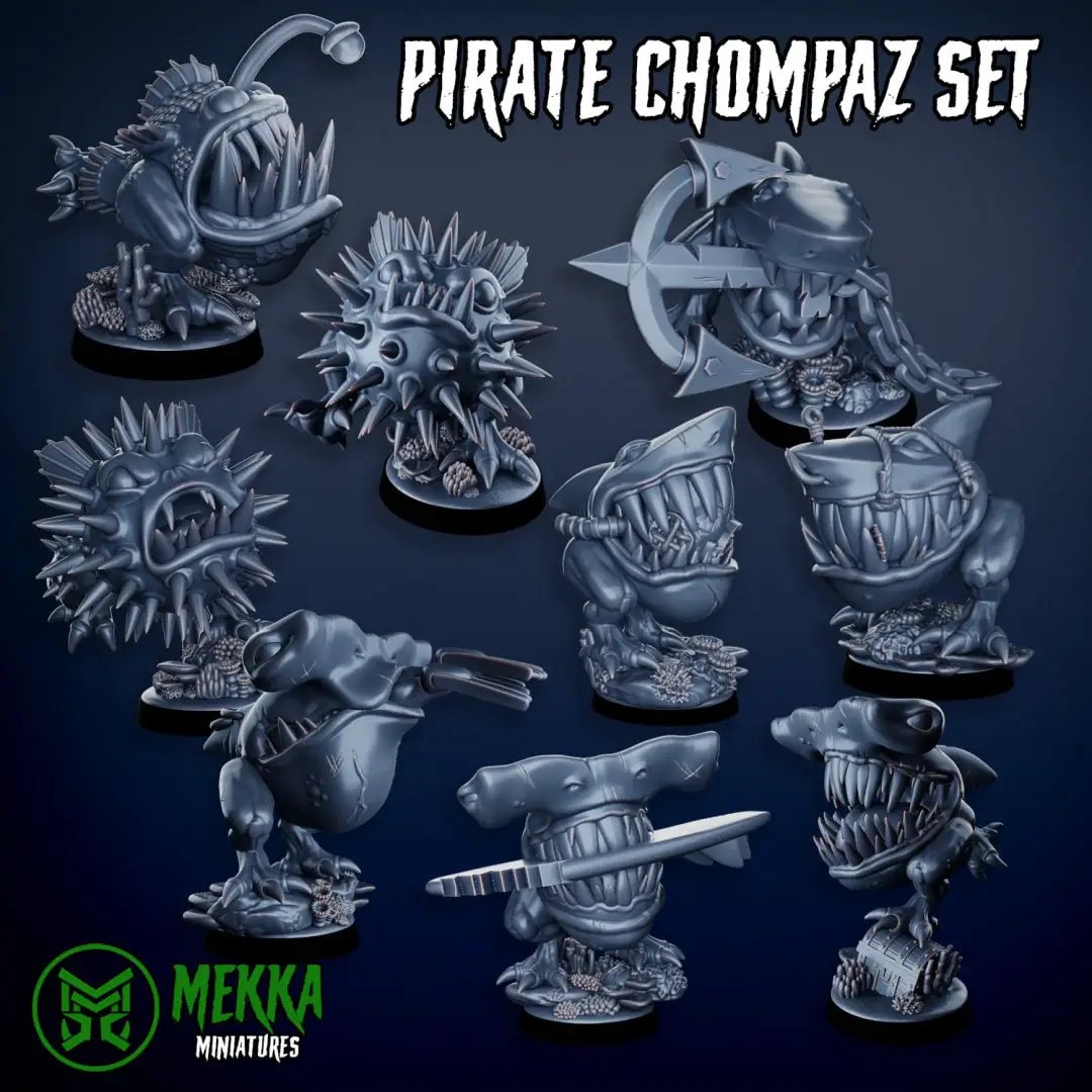 3D printed Ork Pirate Chompaz miniature by Last Hope Miniatures, featuring detailed green orc with pirate accessories and weaponry.