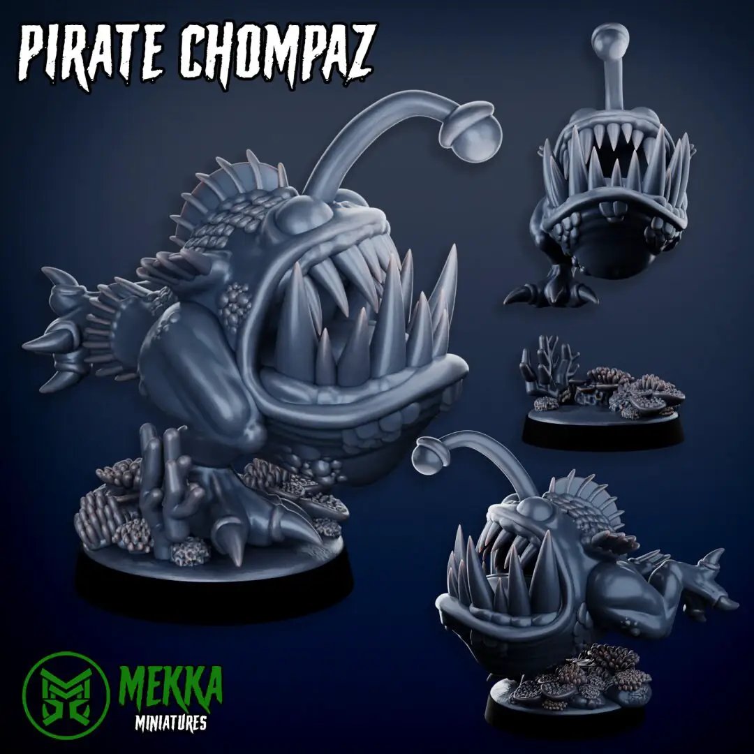 3D printed Ork Pirate Chompaz miniature by Last Hope Miniatures, featuring detailed Ork pirate with weapon and eye patch.