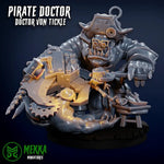 3D printed Ork Pirate Dokta miniature by Last Hope Miniatures for Mekka Miniatures, featuring detailed Ork pirate with medical tools.