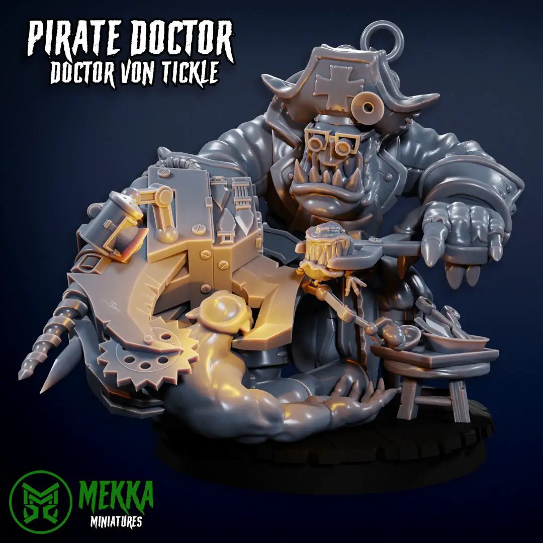3D printed Ork Pirate Dokta miniature by Last Hope Miniatures for Mekka Miniatures, featuring detailed Ork pirate with medical tools.