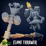 3D printed Ork Pirate with flame thrower miniatures by Last Hope Miniatures, detailed orc figure holding a fiery weapon.