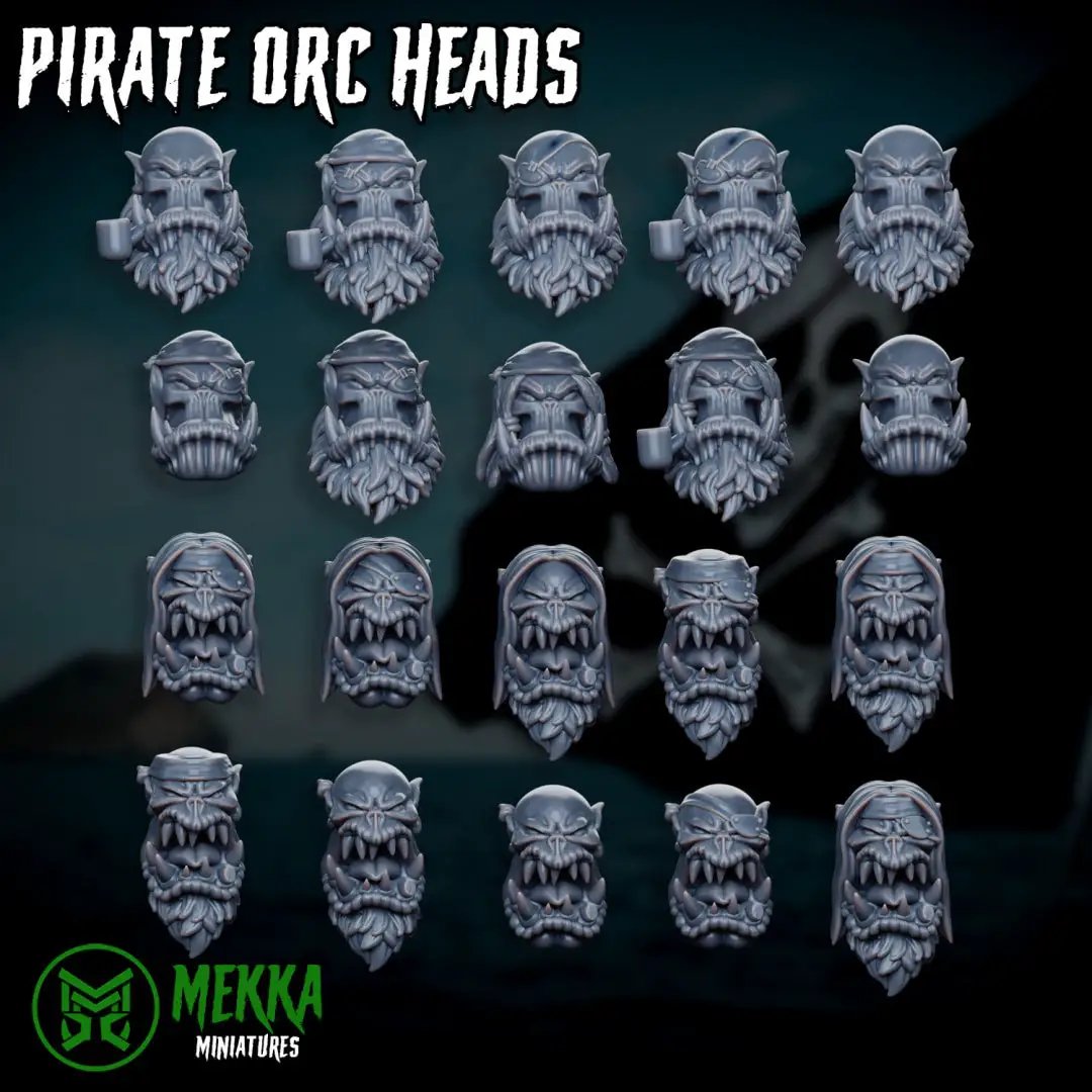 Set of 20 3D printed Ork Pirate heads by Last Hope Miniatures, featuring detailed green orks with pirate accessories.