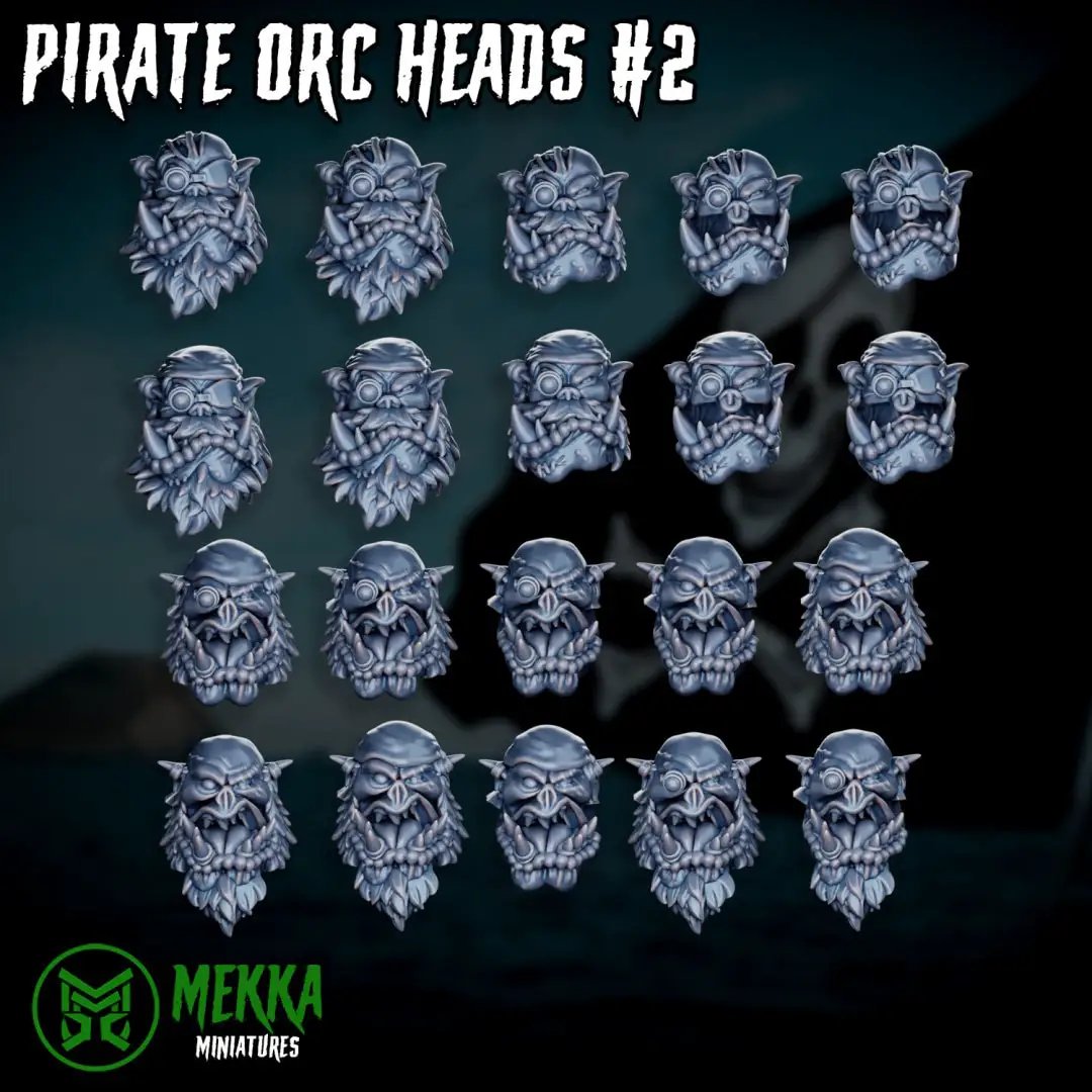 Set of 20 3D printed Ork Pirate heads by Last Hope Miniatures for tabletop gaming and miniature collections.