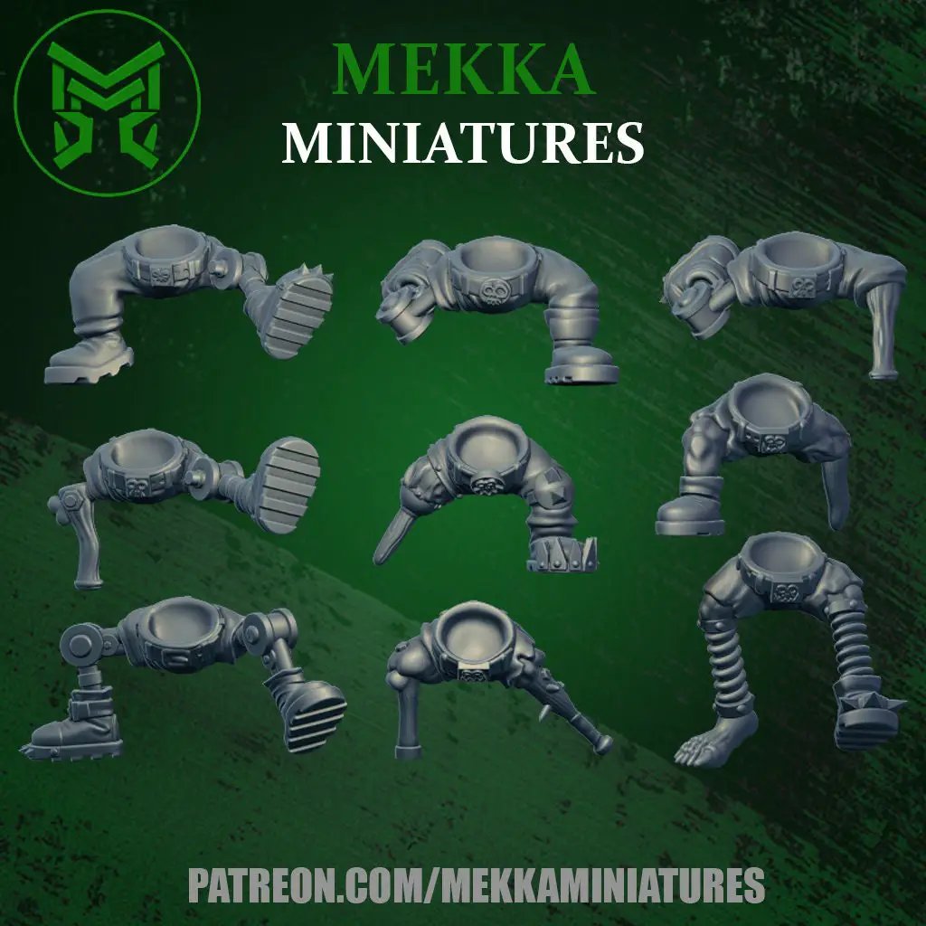 Three-dimensional printed Ork prosthetic legs by Mekka Miniatures, featuring nine detailed, mechanical-style prosthetic limbs.