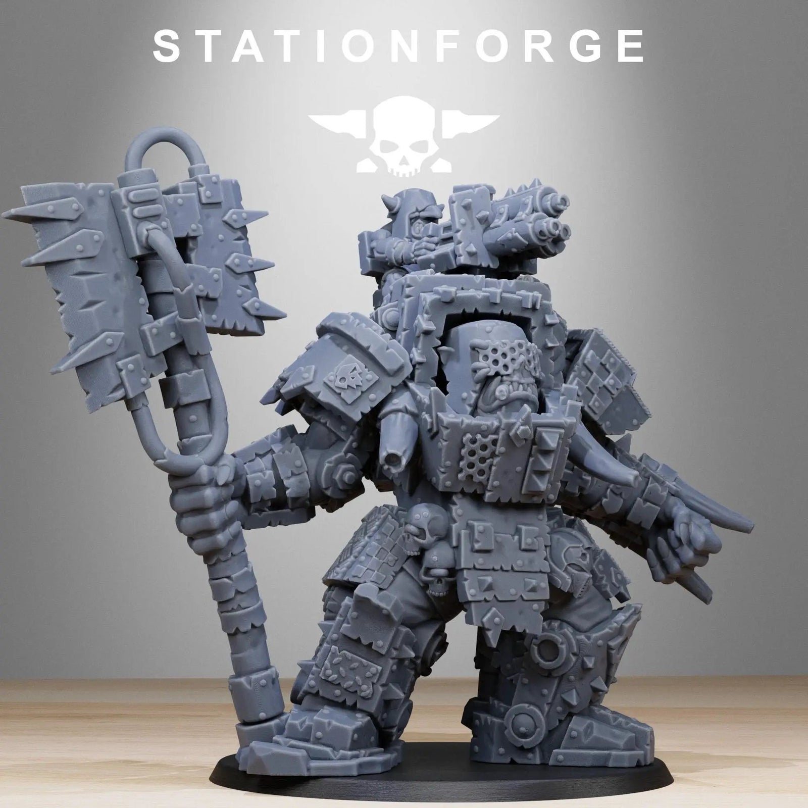 3D printed Orkaz Commander miniature by StationForge for Last Hope Miniatures, featuring detailed armor and weaponry.