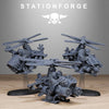 Set of three 3D printed Orkaz Kopters miniatures by StationForge for Last Hope Miniatures, detailed fantasy flying machines.