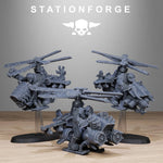 Set of three 3D printed Orkaz Kopters miniatures by StationForge for Last Hope Miniatures, detailed fantasy flying machines.
