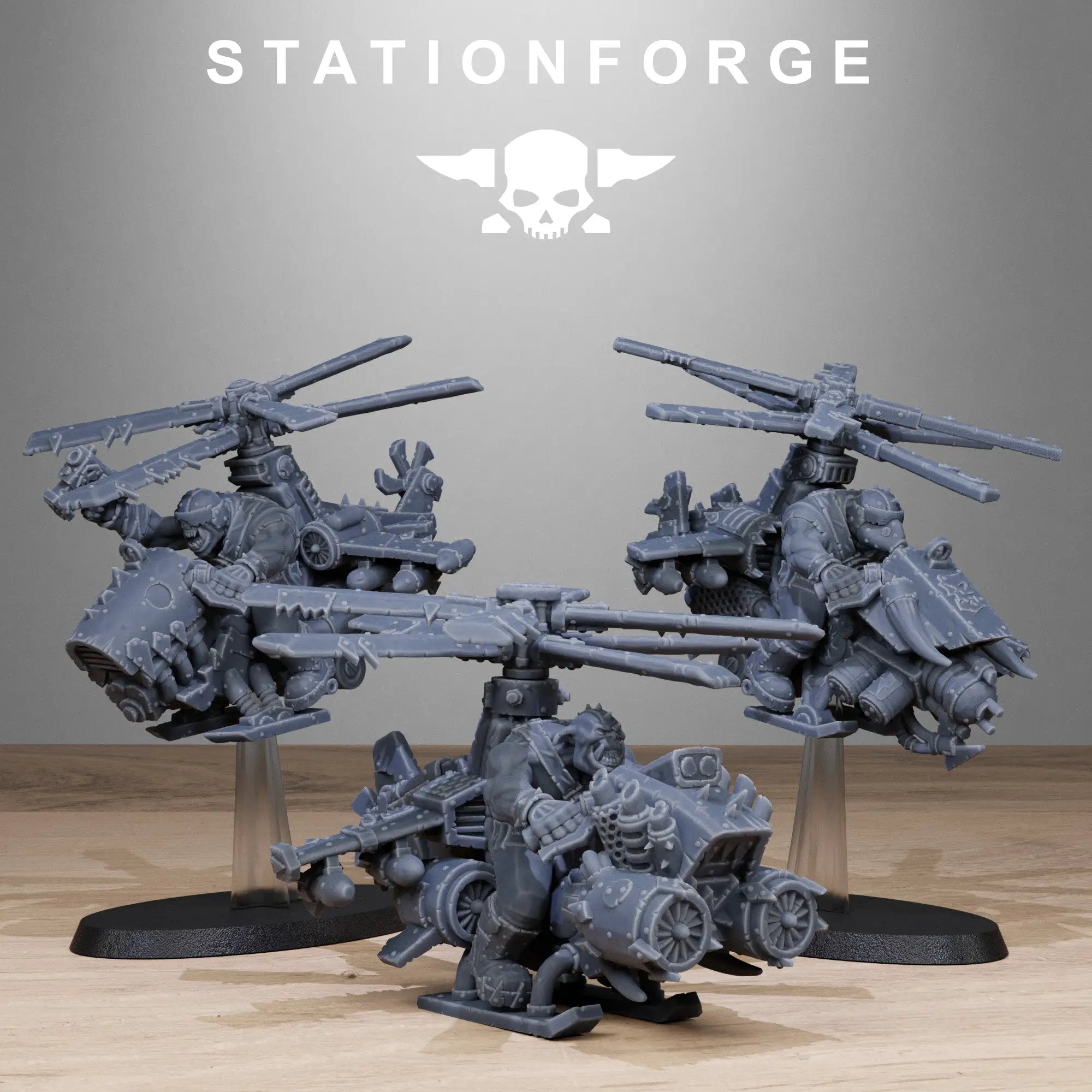 Set of three 3D printed Orkaz Kopters miniatures by StationForge for Last Hope Miniatures, detailed fantasy flying machines.