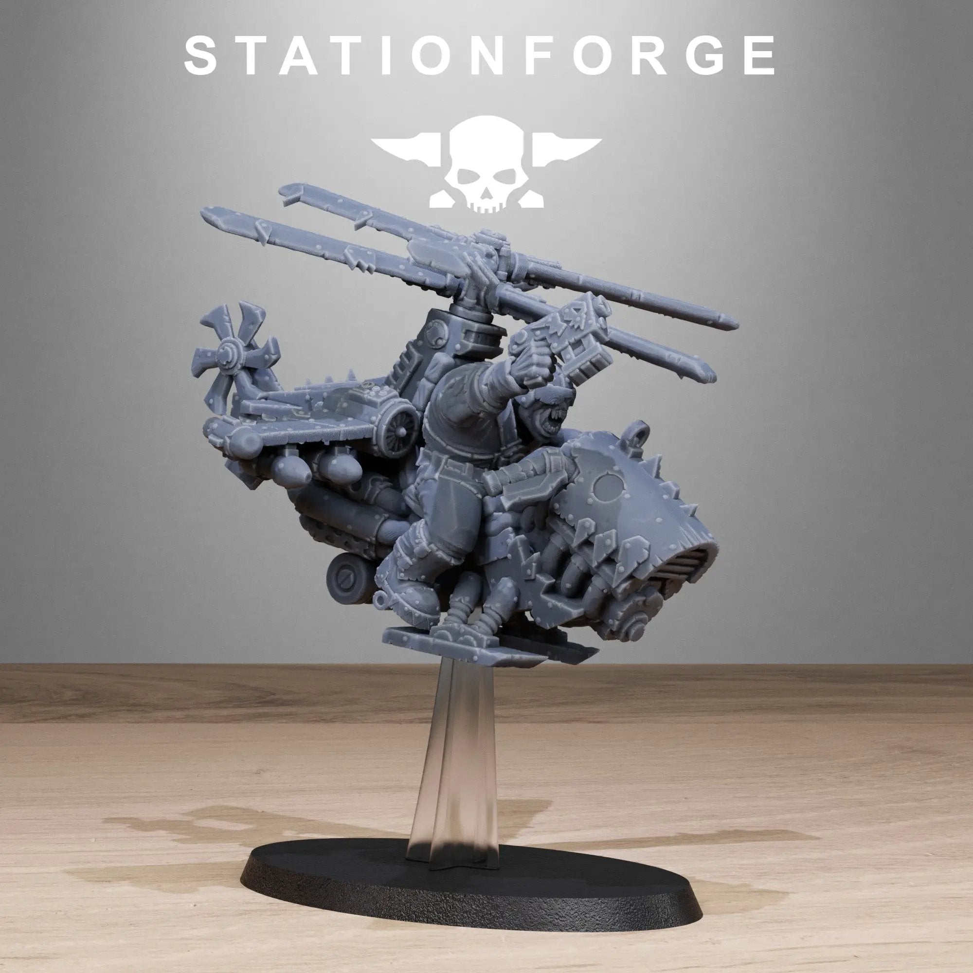 Set of three 3D printed Orkaz Kopters miniatures by StationForge Miniatures, designed for Last Hope Miniatures tabletop game.
