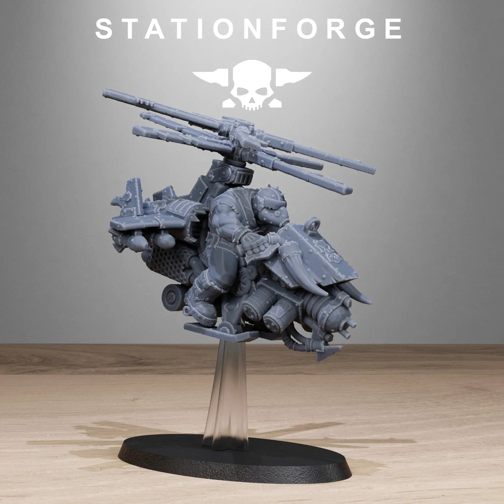 Set of three 3D printed Orkaz Kopters miniatures by StationForge for Last Hope Miniatures, detailed orc-themed flying machines.