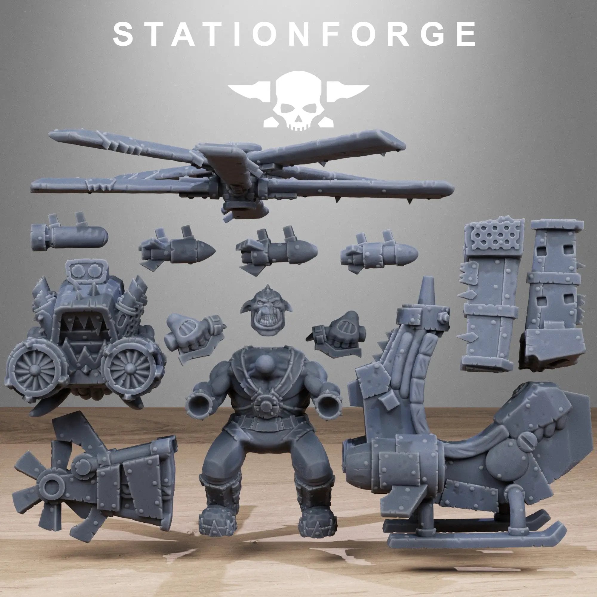 Three 3D printed Orkaz Kopters by StationForge Miniatures for Last Hope Miniatures, detailed miniature aircraft models.