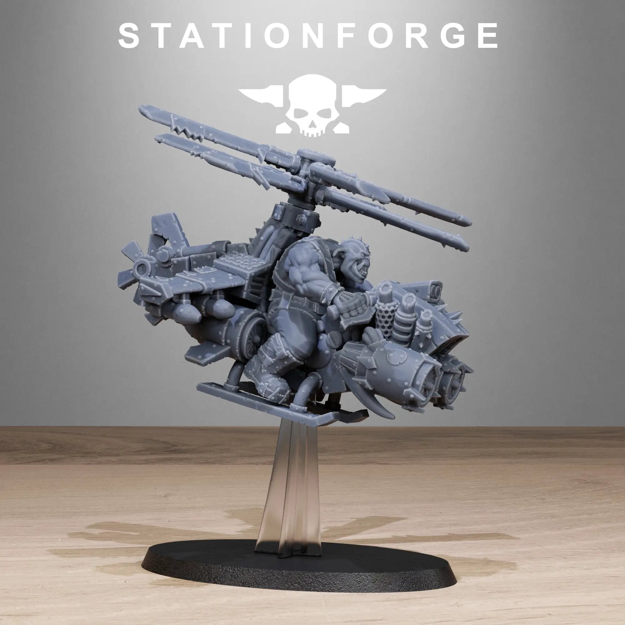 Three 3D-printed Orkaz Kopters miniatures by StationForge Miniatures, detailed orc-themed robot flying machines.