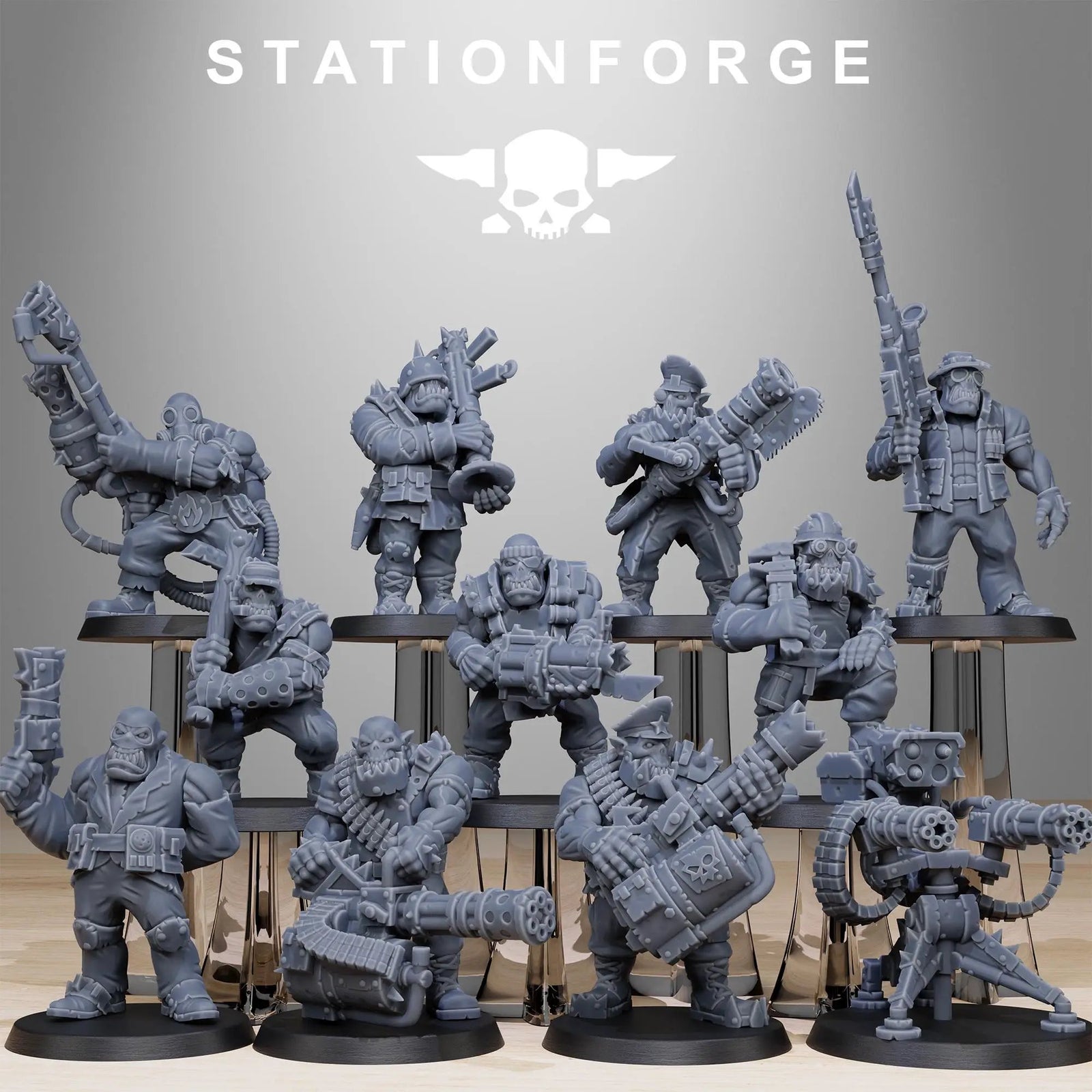 3D printed Orkaz Team Fighters miniatures by StationForge Miniatures, detailed figures from Last Hope Miniatures line.