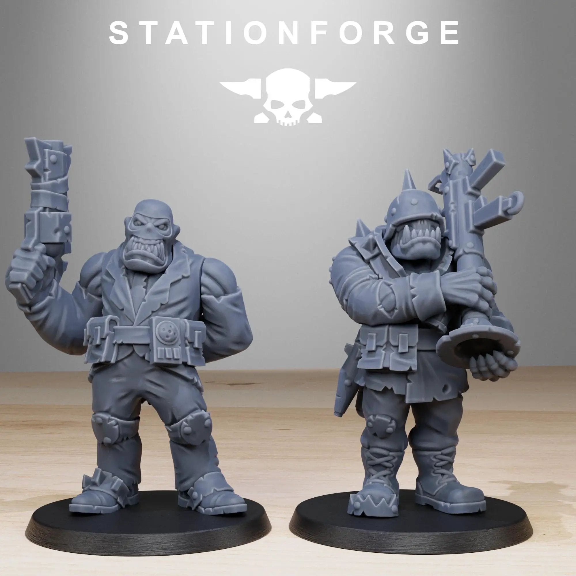 3D printed Orkaz Team Fighters miniatures by StationForge Miniatures, detailed orc warrior figures for tabletop gaming.