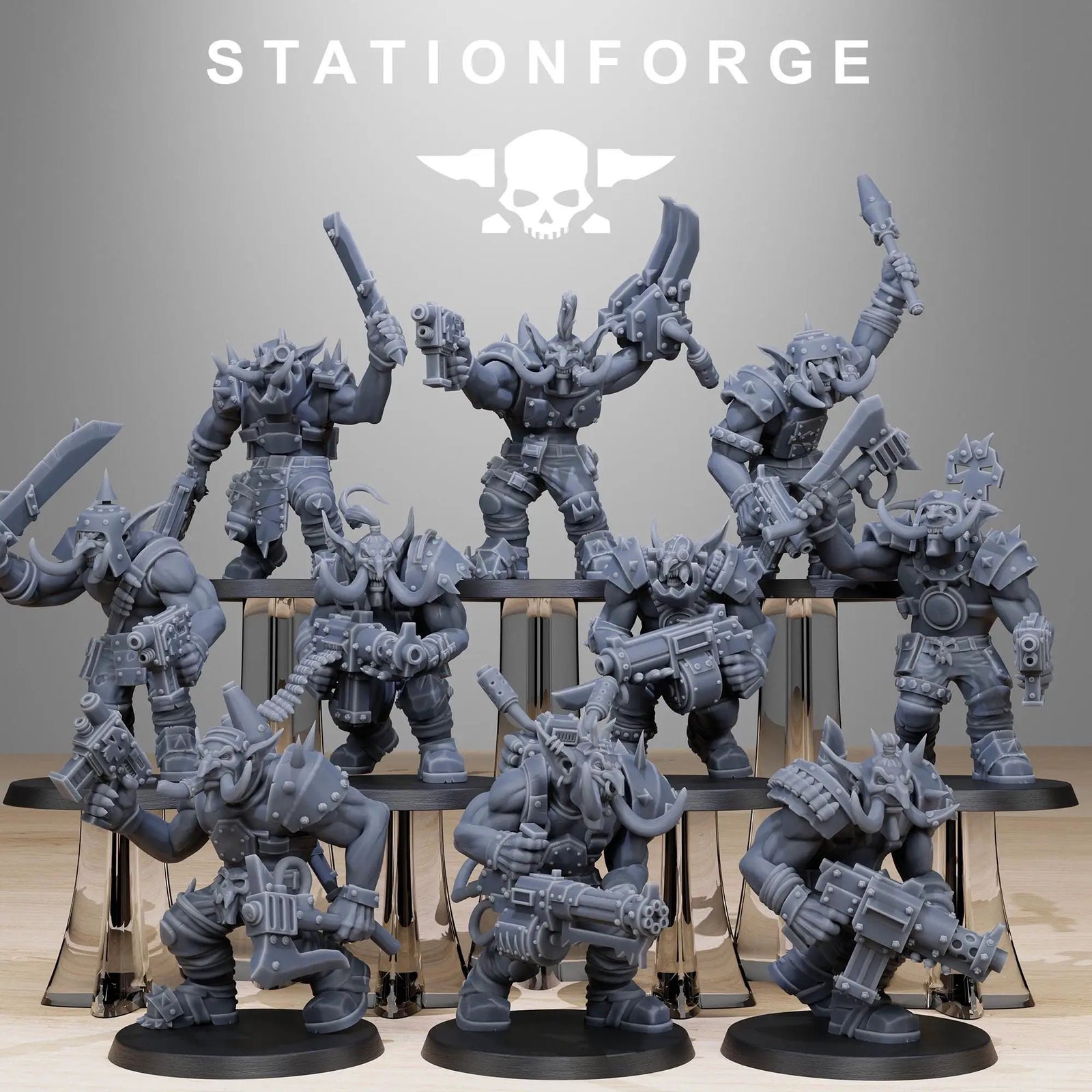Set of 10 3D printed Orkaz Troll Infantry miniatures by Last Hope Miniatures, featuring detailed troll figures for tabletop gaming.