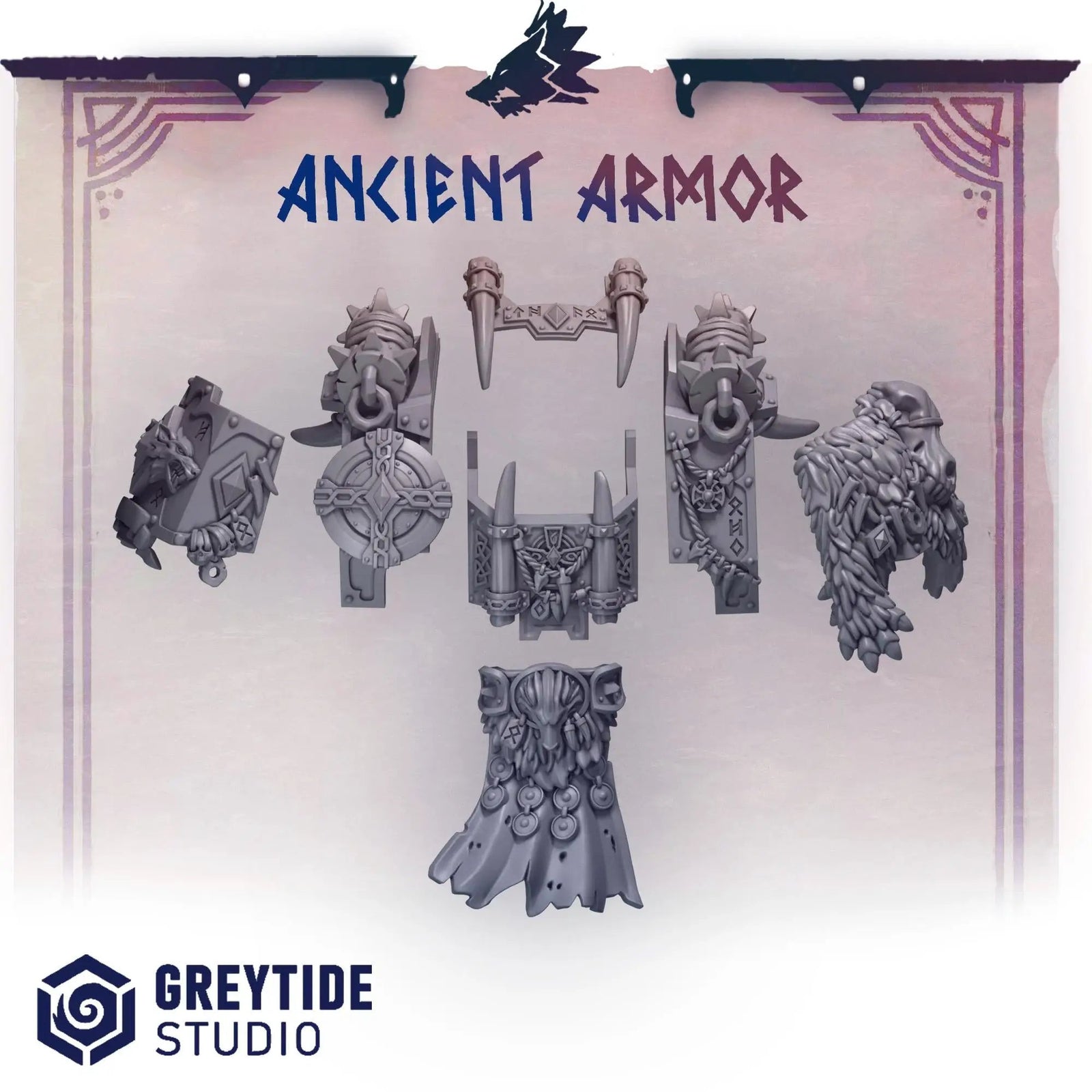 3D printed Pack Hunter Ancient Armor upgrade kit by Greytide Studio for Last Hope Miniatures, featuring detailed miniature armor pieces.