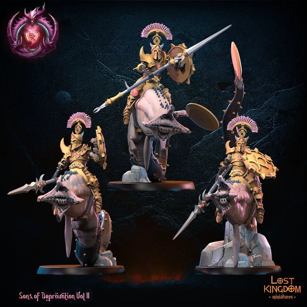 Set of three 3D printed Perversion Knights Worm Riders miniatures by Lost Kingdom Miniatures, designed for tabletop gaming.
