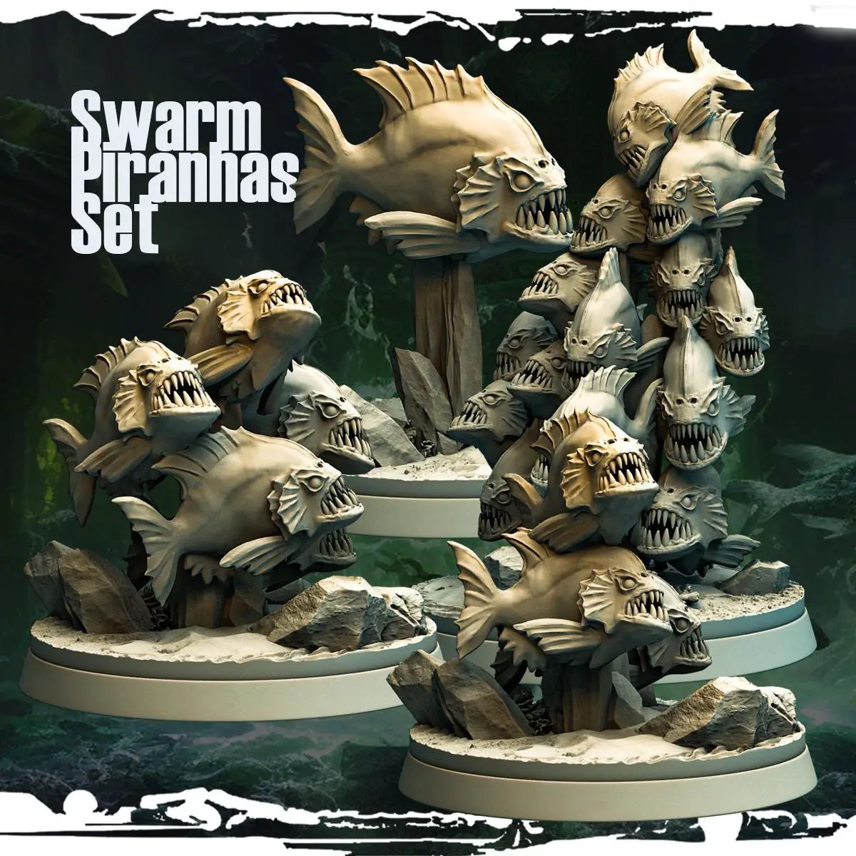 3D printed Piranha Swarms miniatures by Last Hope Miniatures, featuring detailed aquatic fish designs for tabletop gaming.