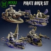 Four 3D printed Pirate Ork Bikers miniatures by Last Hope Miniatures for Mekka Miniatures, featuring detailed orc figures in biker attire.