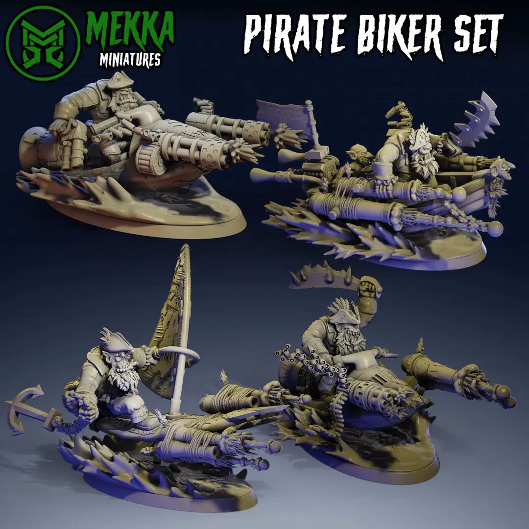Four 3D printed Pirate Ork Bikers miniatures by Last Hope Miniatures for Mekka Miniatures, featuring detailed orc figures in biker attire.