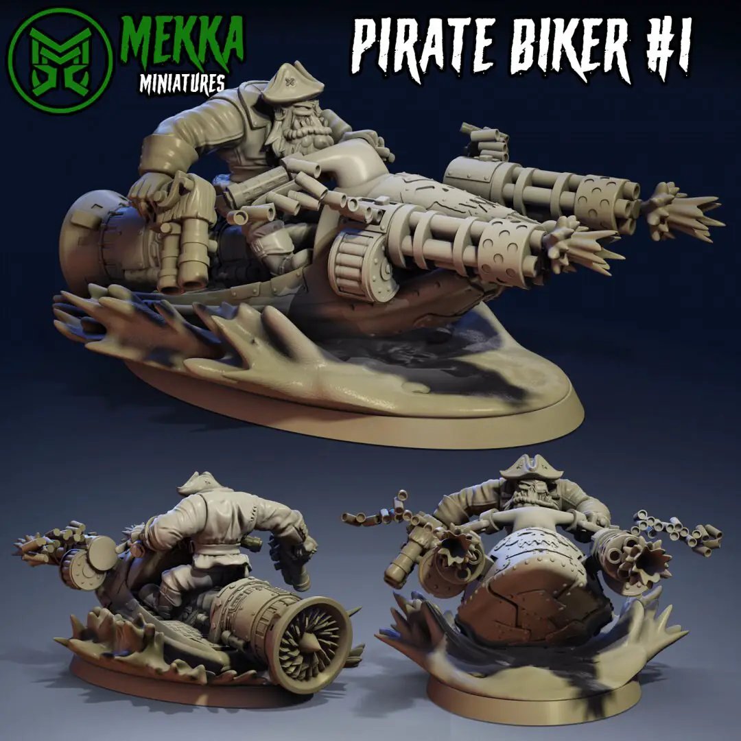 Set of four 3D printed Pirate Ork Bikers miniatures by Last Hope Miniatures, featuring detailed orc characters with bikes.
