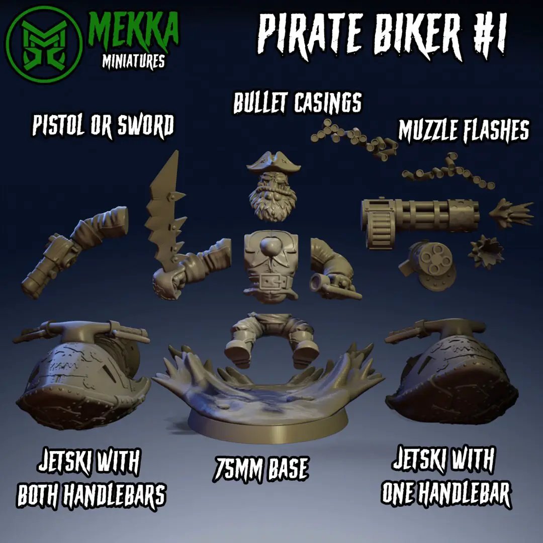 Four 3D printed Pirate Ork Bikers miniatures by Last Hope Miniatures from Mekka Miniatures, detailed figures on a white background.