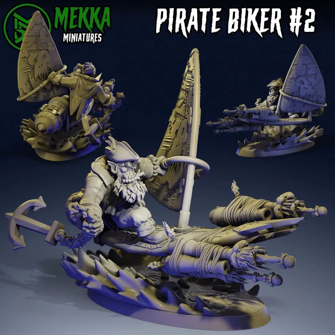 Four 3D printed pirate ork biker miniatures by Last Hope Miniatures, featuring detailed orks in biker gear and pirate attire.