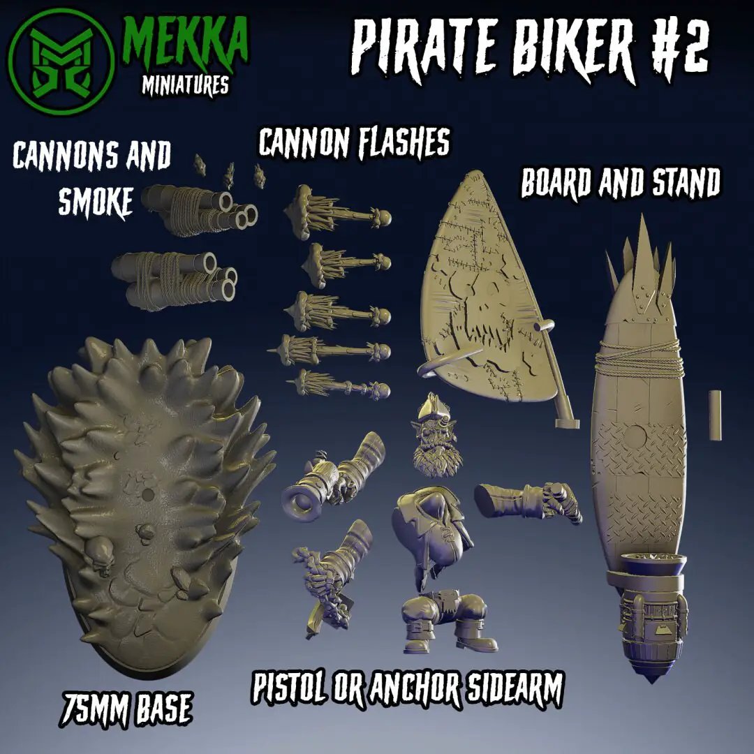 Four 3D printed Pirate Ork Bikers miniatures by Last Hope Miniatures, detailed orc figures with biker attire and pirate accessories.