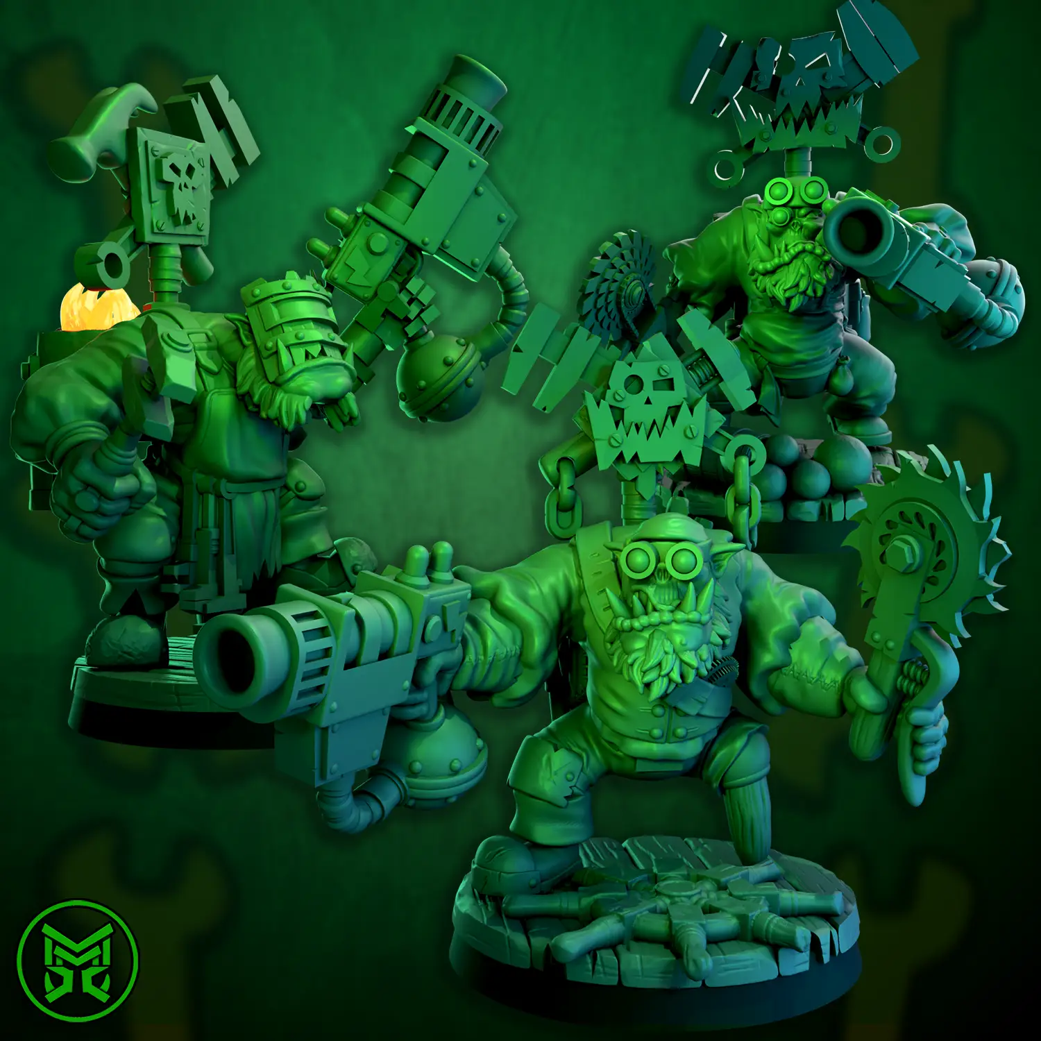 3D printed Pirate Ork Mekaniks miniature by Mekka Miniatures, detailed green orc figure with mechanical accessories, from Last Hope Miniatures