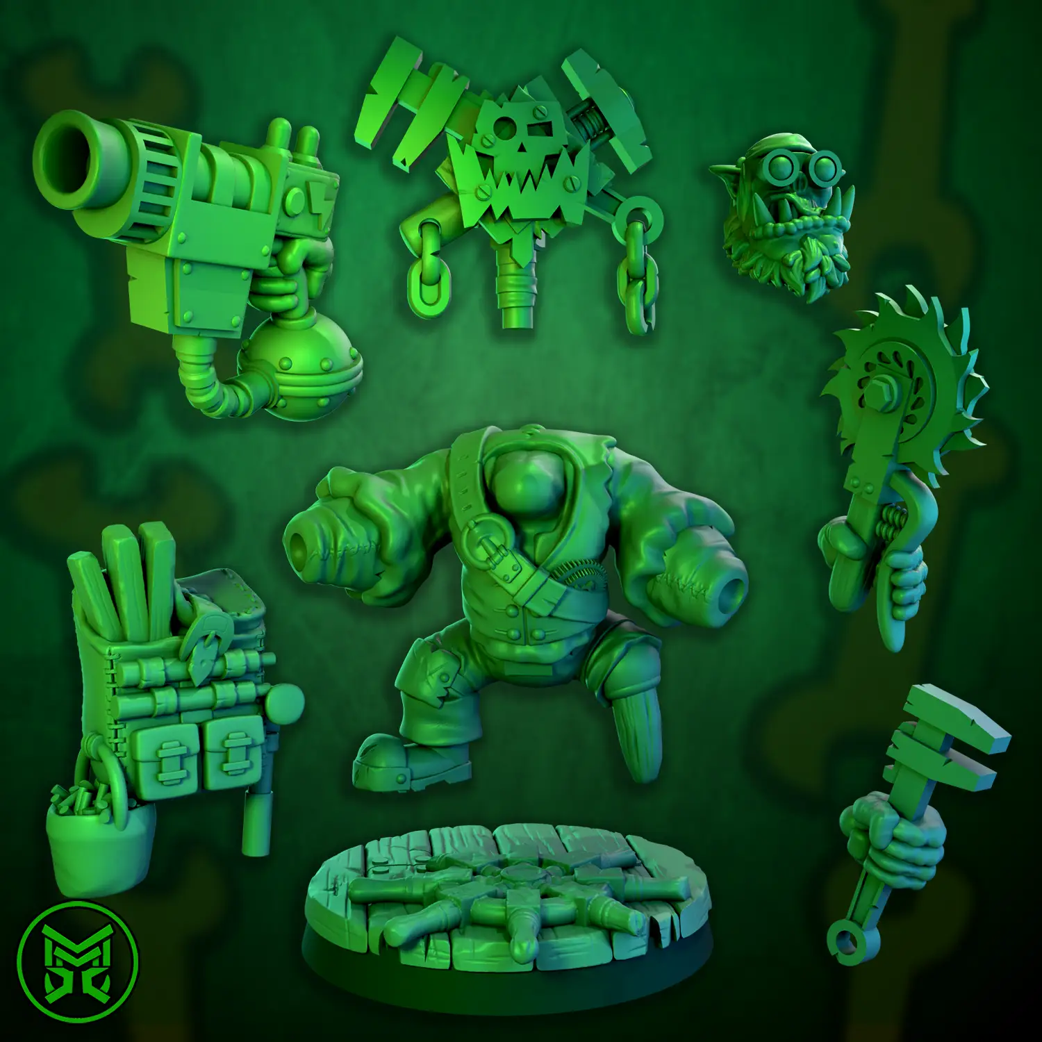 3D printed Pirate Ork Mekaniks miniature by Mekka Miniatures, crafted by Last Hope Miniatures, featuring detailed pirate ork design.