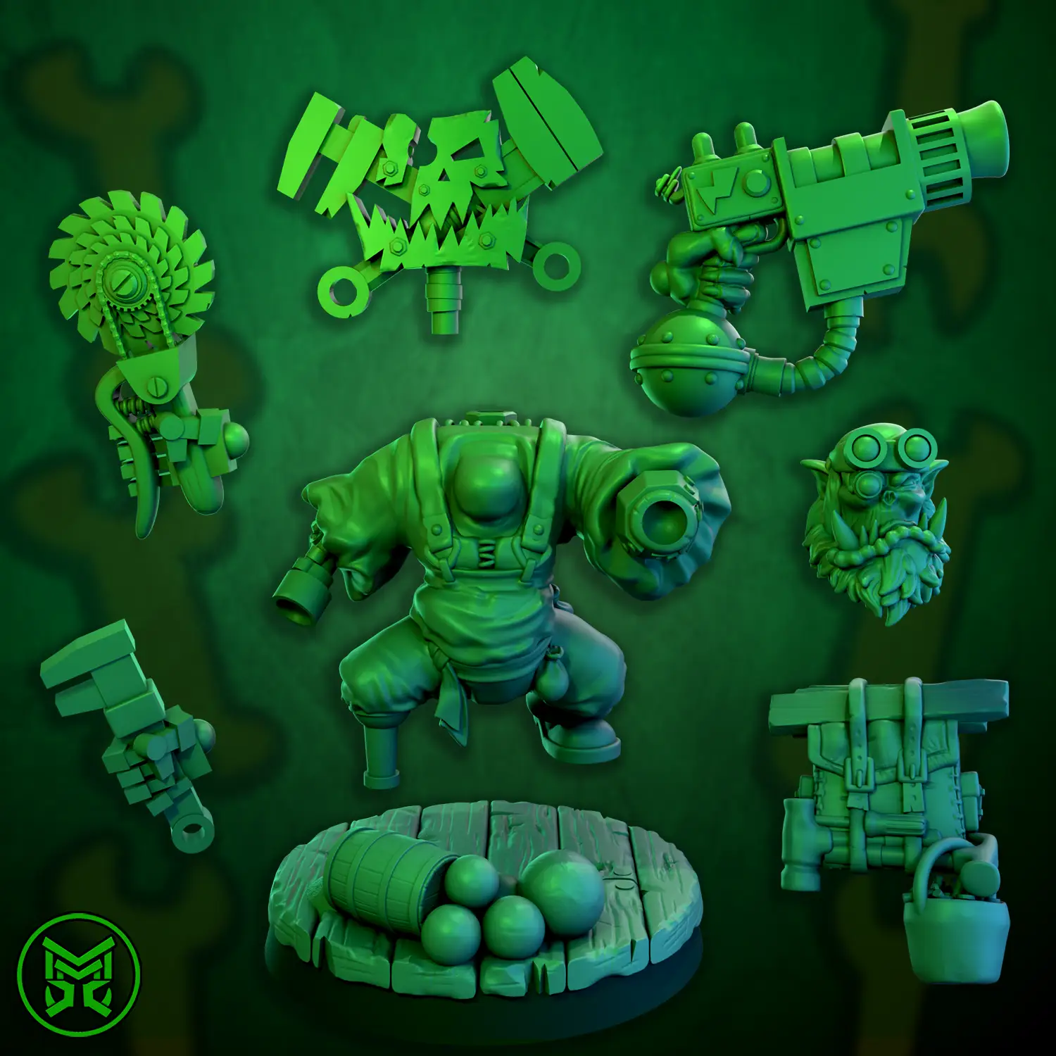 3D printed Pirate Ork Mekaniks miniature by Mekka Miniatures, designed by Last Hope Miniatures, showcasing detailed pirate ork mechanics.