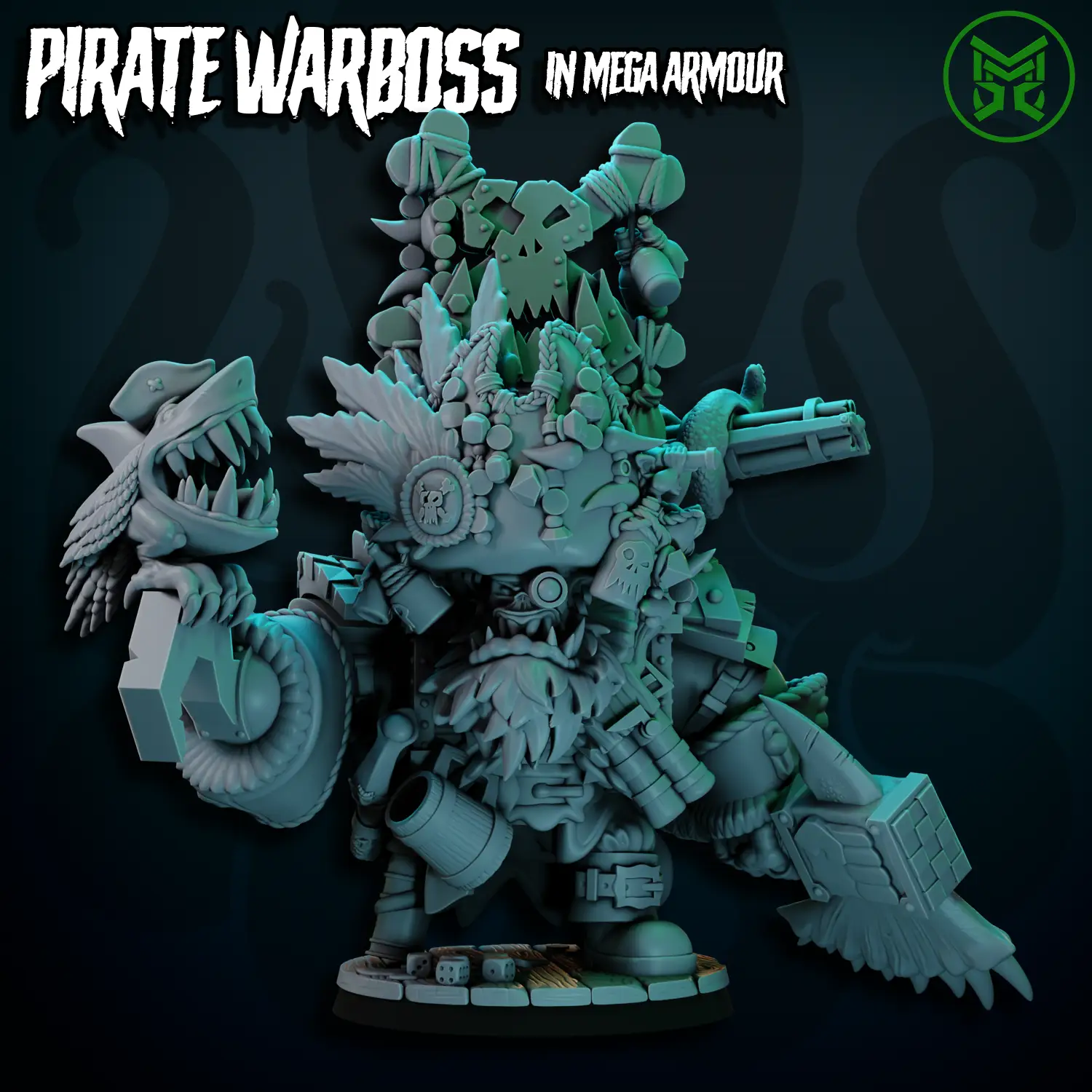 3D printed Pirate War Boss in mega armor by Last Hope Miniatures, featuring detailed armor and weaponry for tabletop gaming.