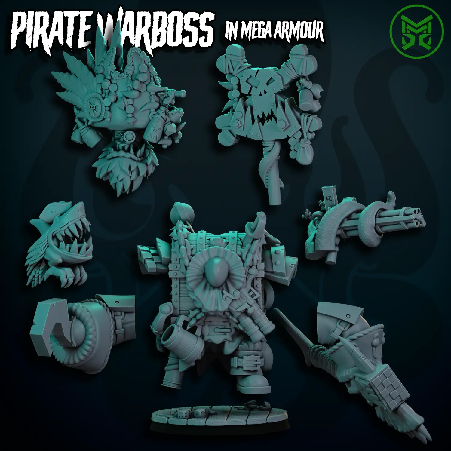 3D printed pirate war boss in mega armor by Last Hope Miniatures, showing detailed plastic pieces for assembly and painting.