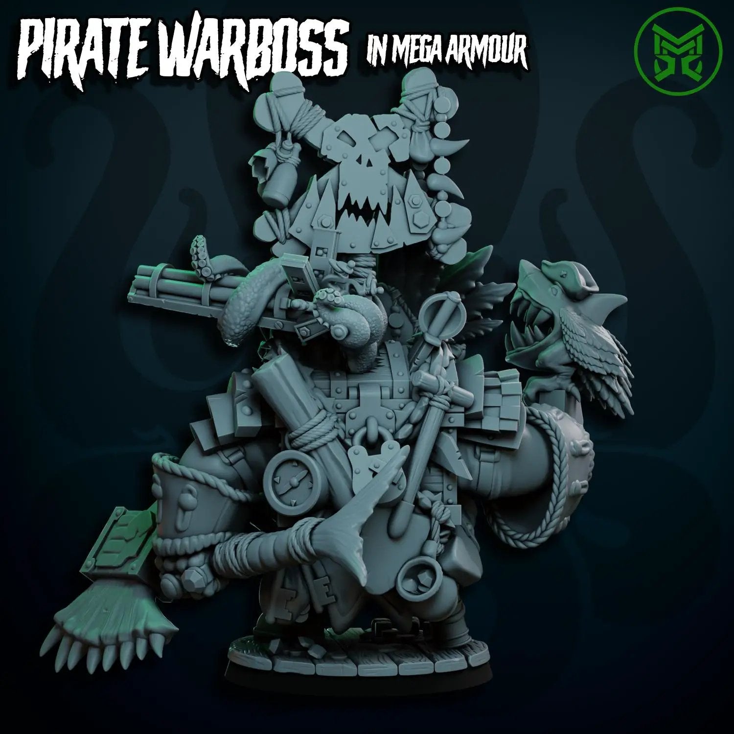3D printed Pirate War Boss in Mega Armor from Last Hope Miniatures by Mekka Miniatures, featuring detailed armor and pirate attire.