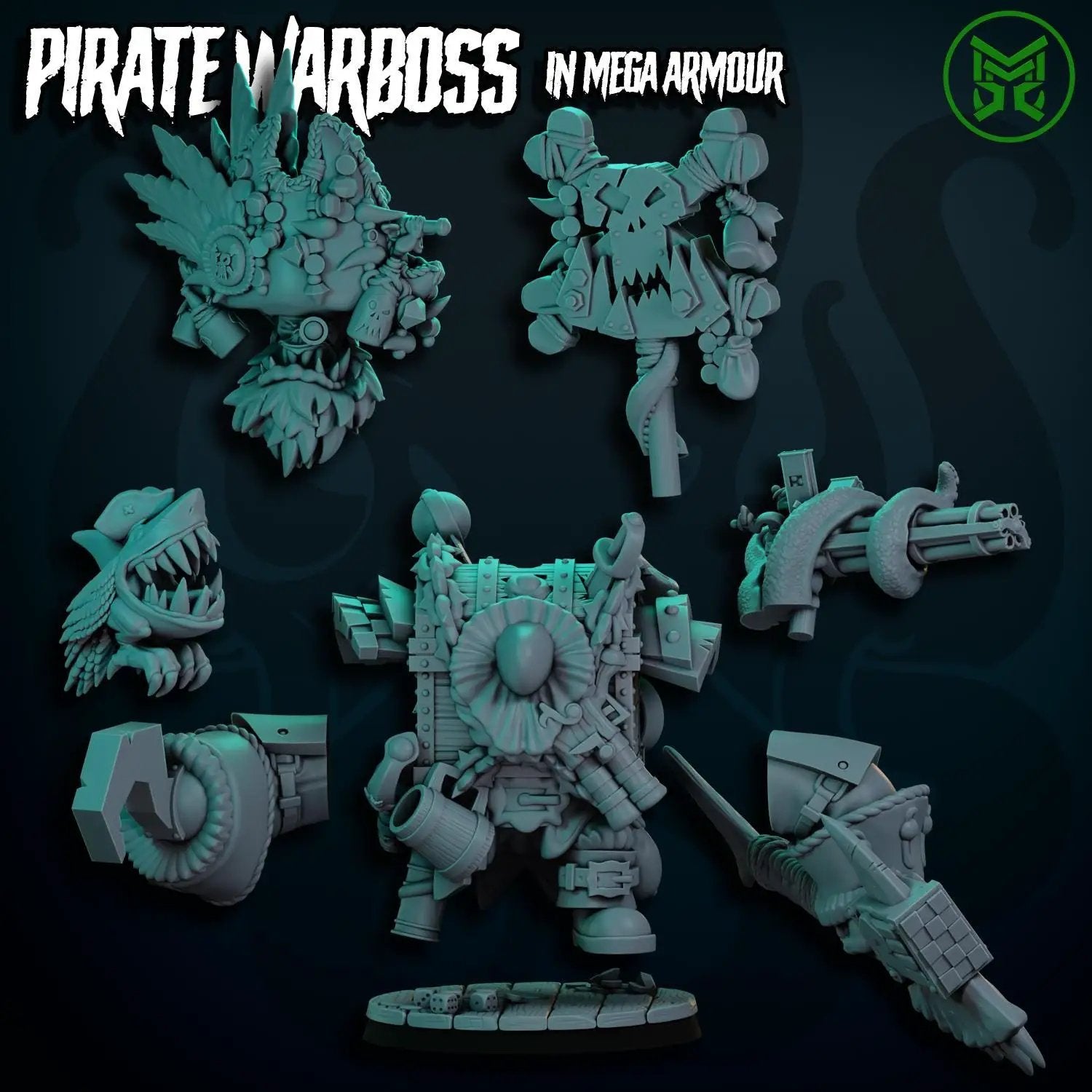 3D printed Pirate War Boss in Mega Armor by Last Hope Miniatures, detailed miniature figure with elaborate armor design.